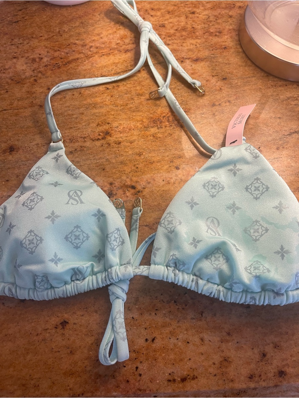 Victoria's Secret Light Blue Patterned Triangle Bikini Top and bottom